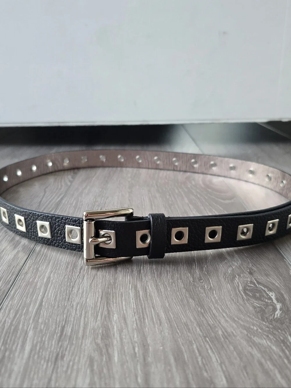 Michael Kors Black Silver Square Grommet Studded Skinny Moto Belt Buckle
